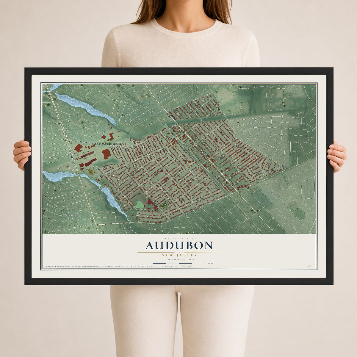 Audubon, New Jersey map print, 24" x 36" W/ Black Ayous Wood Frame mockup