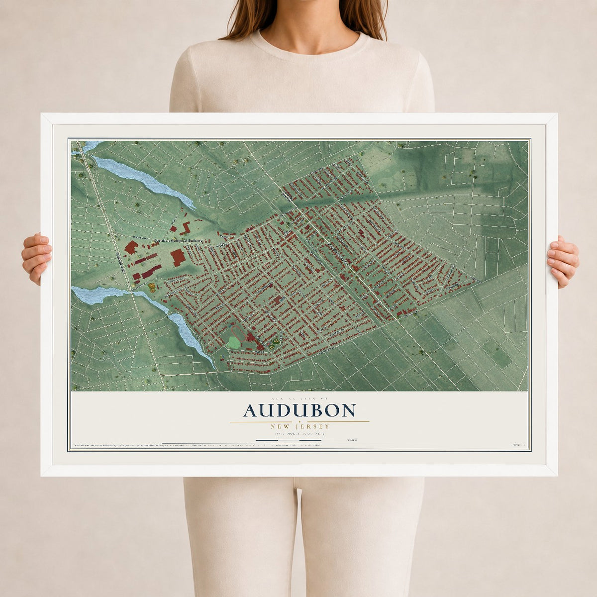 Audubon, New Jersey map print, 24" x 36" W/ White Ayous Wood Frame mockup