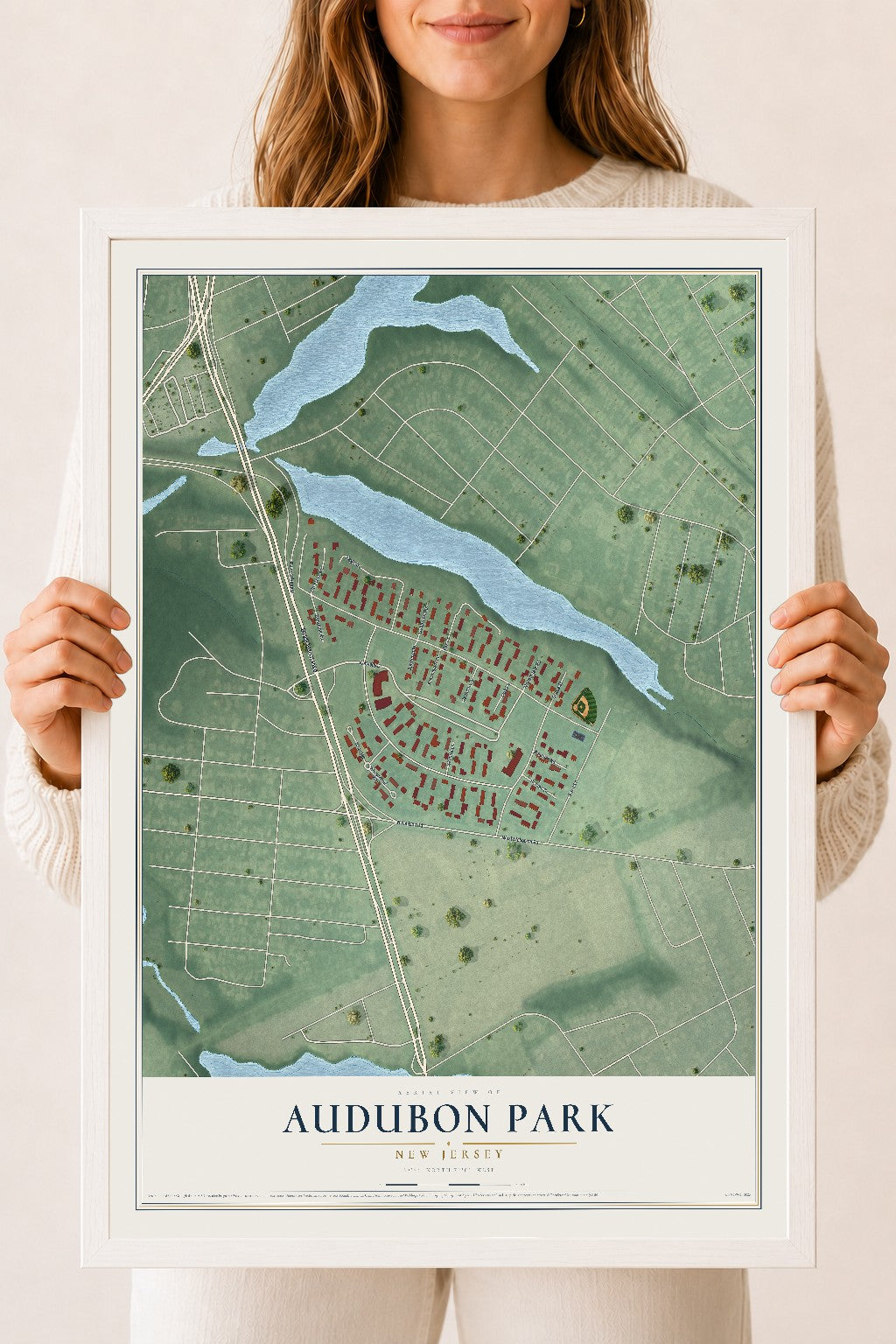 Audubon Park, New Jersey map print, 18" x 24" W/ White Ayous Wood Frame mockup