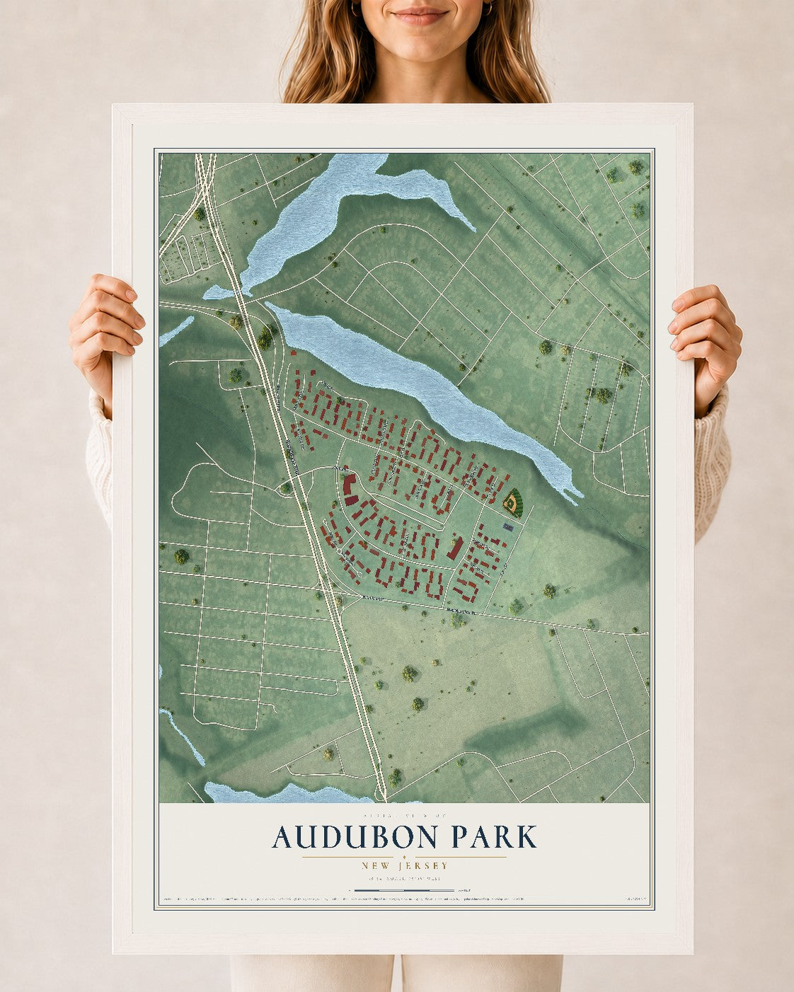 Audubon Park, New Jersey map print, 24" x 36" W/ White Ayous Wood Frame mockup