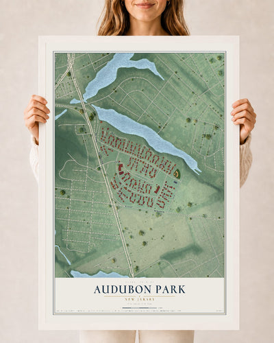 Audubon Park, New Jersey map print, 24" x 36" W/ White Ayous Wood Frame mockup