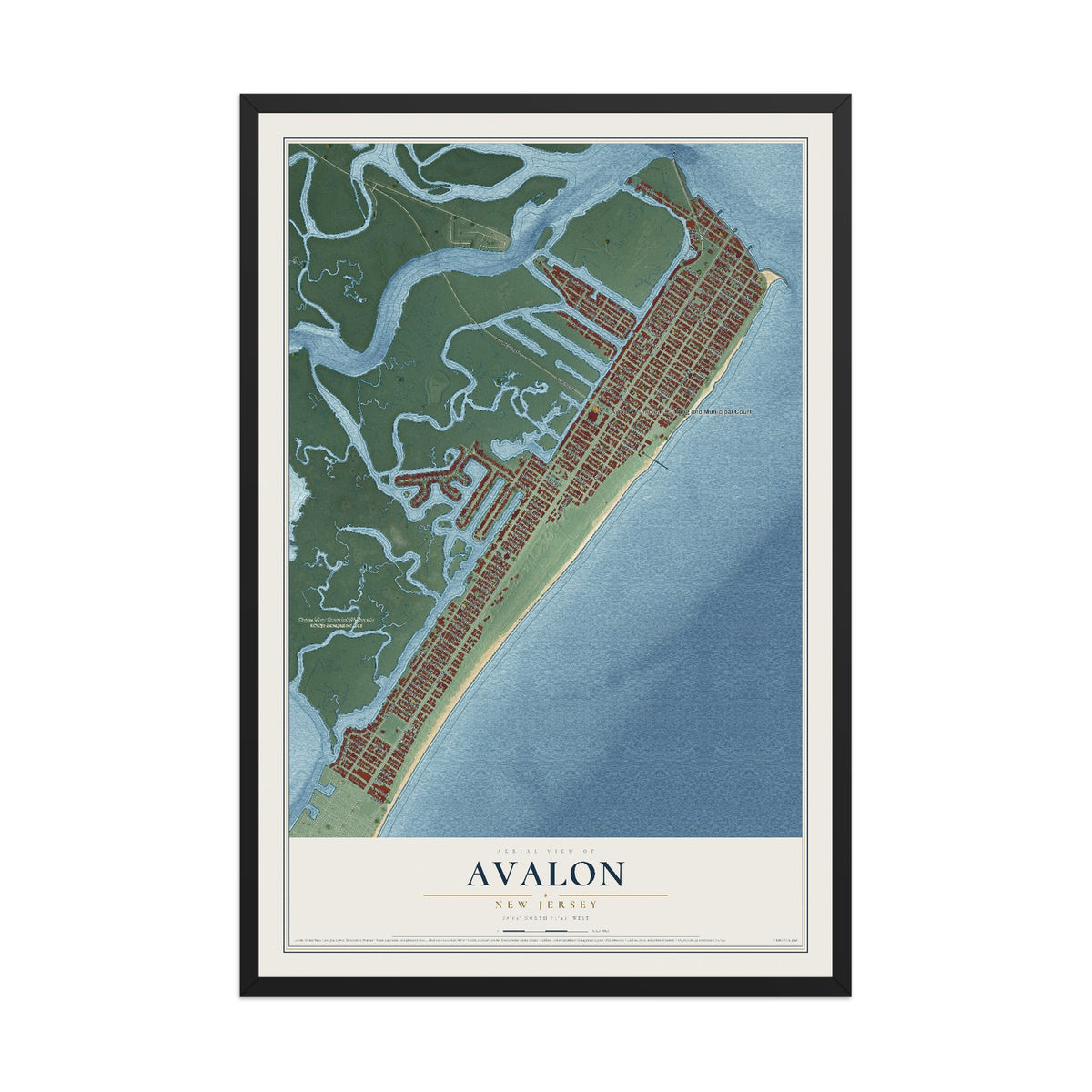 Avalon, New Jersey map print, 12" x 18" W/ Black Ayous Wood Frame mockup