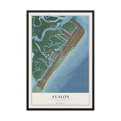Avalon, New Jersey map print, 12" x 18" W/ Black Ayous Wood Frame mockup