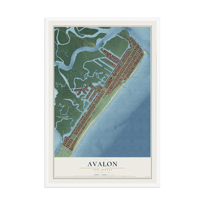 Avalon, New Jersey map print, 12" x 18" W/ White Ayous Wood Frame mockup