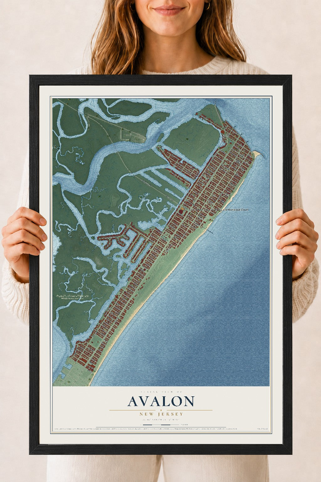 Avalon, New Jersey map print, 18" x 24" W/ Black Ayous Wood Frame mockup