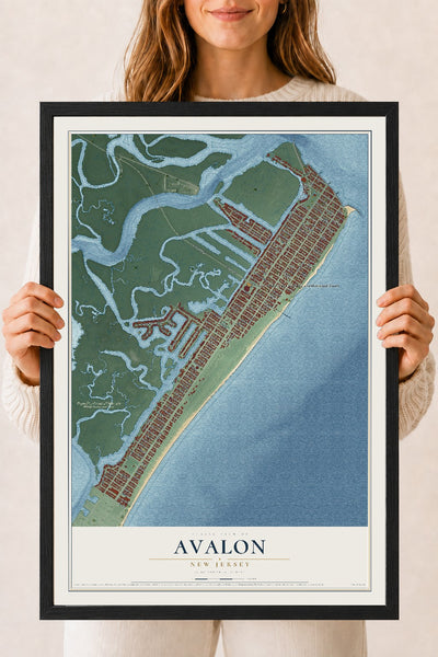 Avalon, New Jersey map print, 18" x 24" W/ Black Ayous Wood Frame mockup