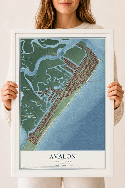 Avalon, New Jersey map print, 18" x 24" W/ White Ayous Wood Frame mockup