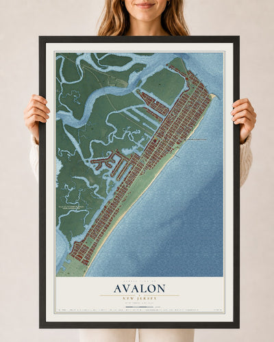 Avalon, New Jersey map print, 24" x 36" W/ Black Ayous Wood Frame mockup