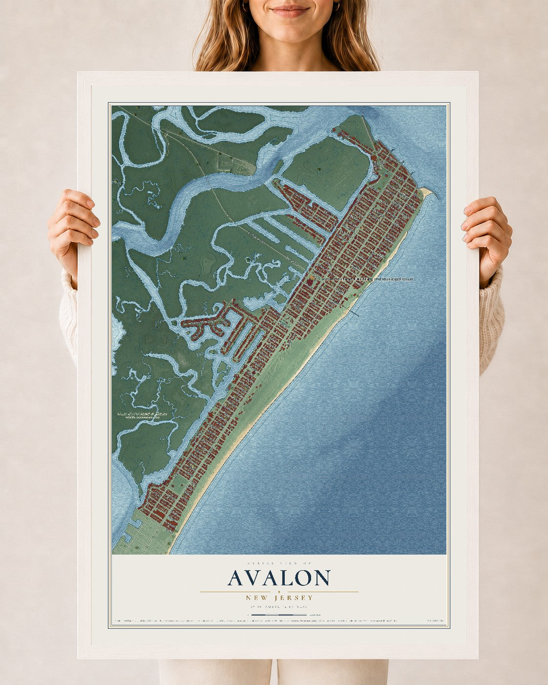 Avalon, New Jersey map print, 24" x 36" W/ White Ayous Wood Frame mockup