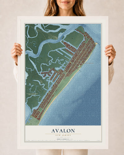 Avalon, New Jersey map print, 24" x 36" W/ White Ayous Wood Frame mockup