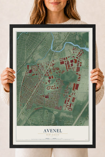 Avenel, New Jersey map print, 18" x 24" W/ Black Ayous Wood Frame mockup