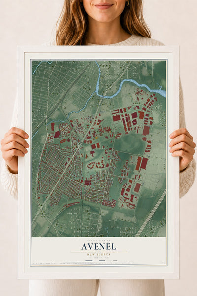 Avenel, New Jersey map print, 18" x 24" W/ White Ayous Wood Frame mockup