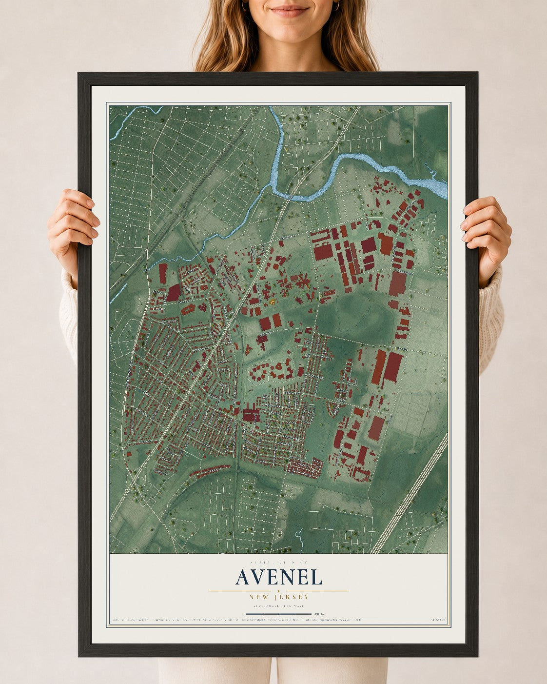 Avenel, New Jersey map print, 24" x 36" W/ Black Ayous Wood Frame mockup