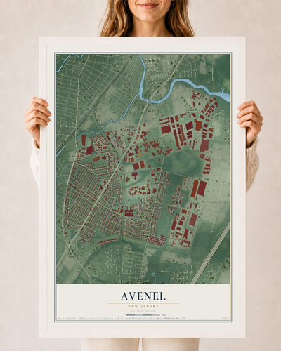 Avenel, New Jersey map print, 24" x 36" W/ White Ayous Wood Frame mockup