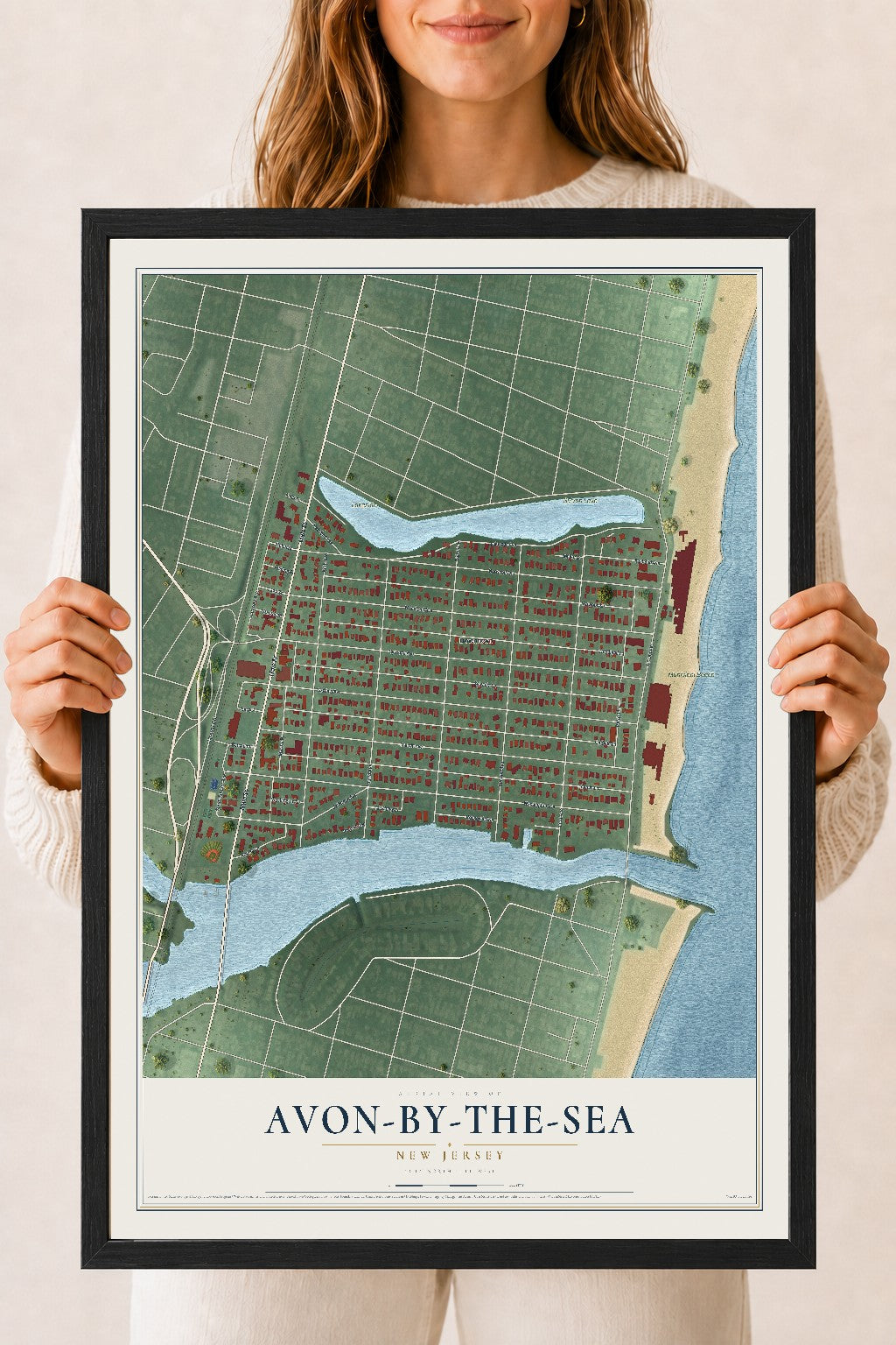 Avon-by-the-Sea, New Jersey map print, 18" x 24" W/ Black Ayous Wood Frame mockup
