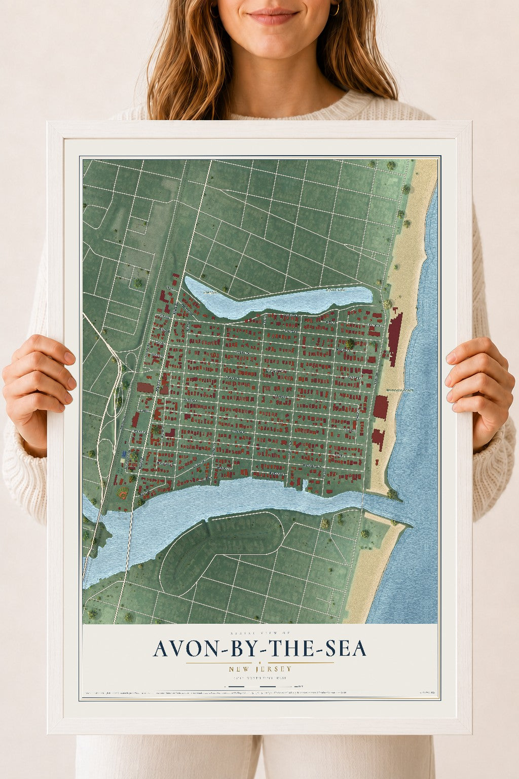 Avon-by-the-Sea, New Jersey map print, 18" x 24" W/ White Ayous Wood Frame mockup