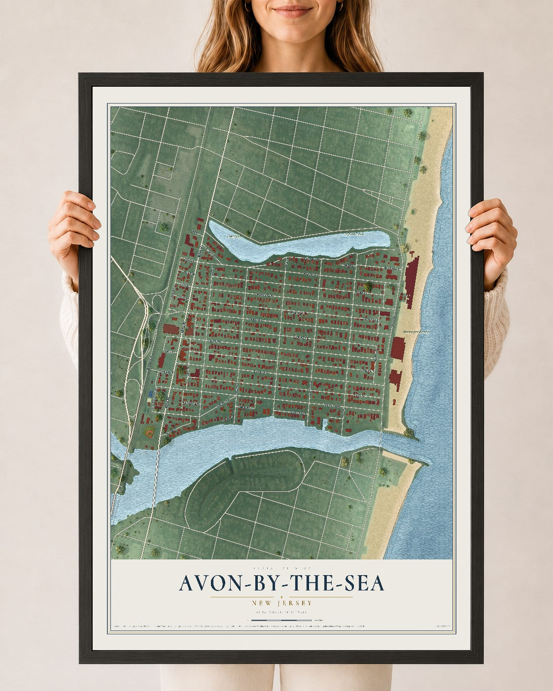 Avon-by-the-Sea, New Jersey map print, 24" x 36" W/ Black Ayous Wood Frame mockup