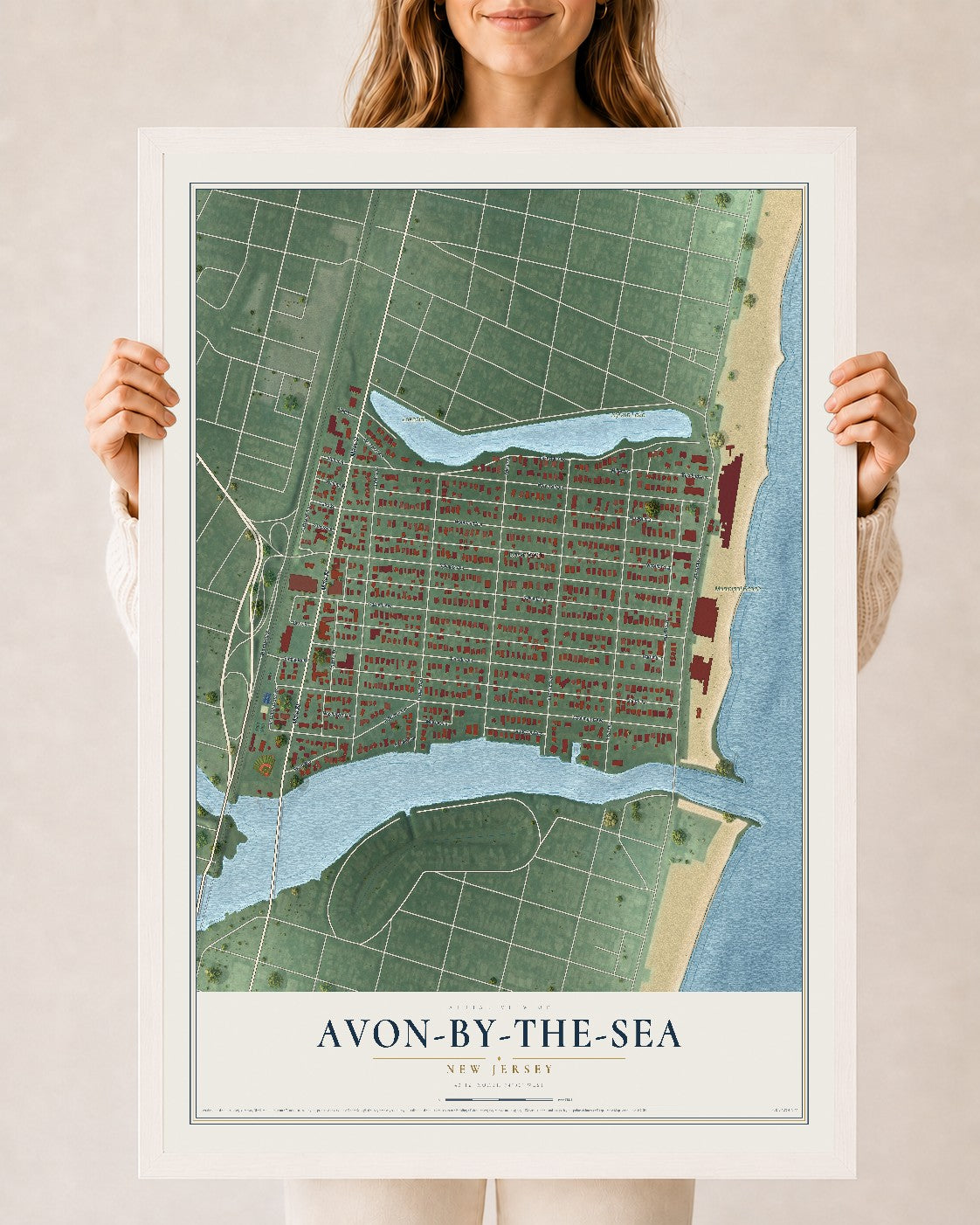 Avon-by-the-Sea, New Jersey map print, 24" x 36" W/ White Ayous Wood Frame mockup