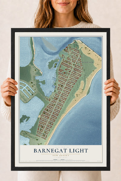 Barnegat Light, New Jersey map print, 18" x 24" W/ Black Ayous Wood Frame mockup