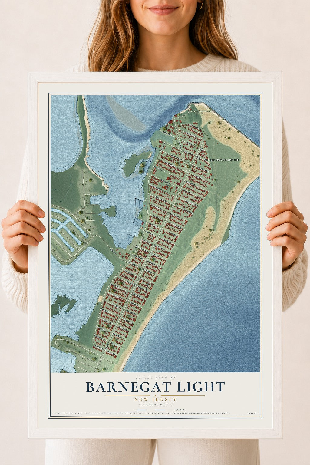 Barnegat Light, New Jersey map print, 18" x 24" W/ White Ayous Wood Frame mockup
