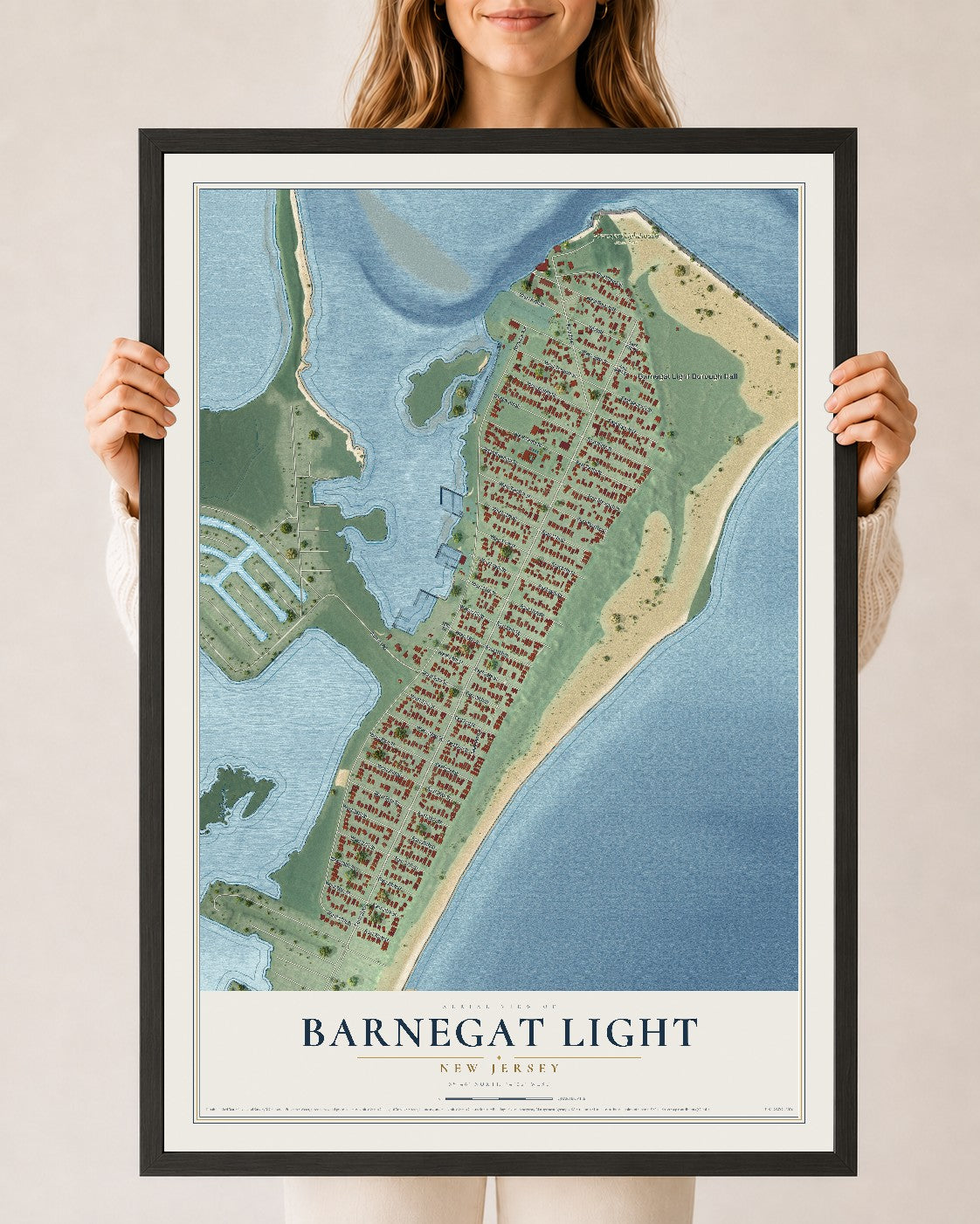 Barnegat Light, New Jersey map print, 24" x 36" W/ Black Ayous Wood Frame mockup
