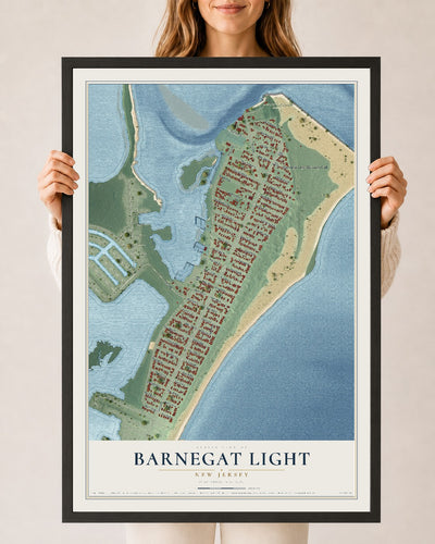 Barnegat Light, New Jersey map print, 24" x 36" W/ Black Ayous Wood Frame mockup