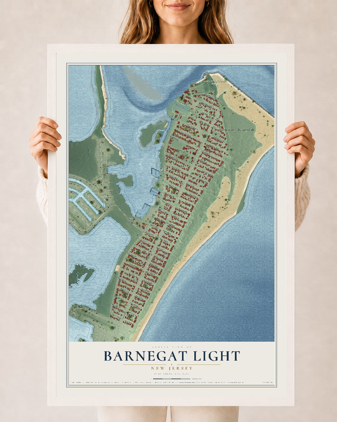 Barnegat Light, New Jersey map print, 24" x 36" W/ White Ayous Wood Frame mockup