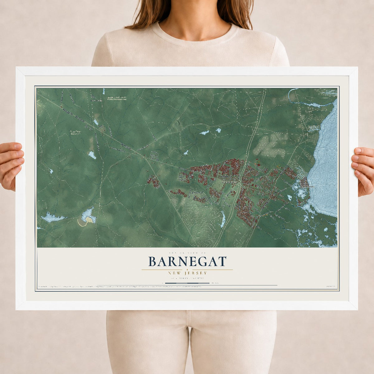 Barnegat, New Jersey map print, 18" x 24" W/ White Ayous Wood Frame mockup