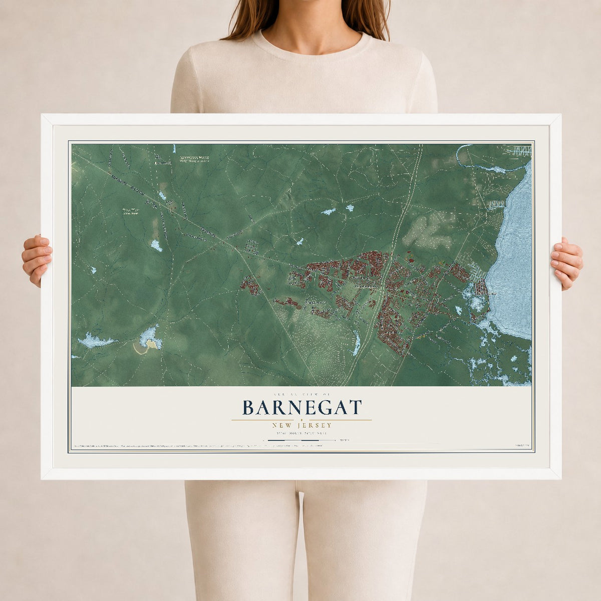 Barnegat, New Jersey map print, 24" x 36" W/ White Ayous Wood Frame mockup