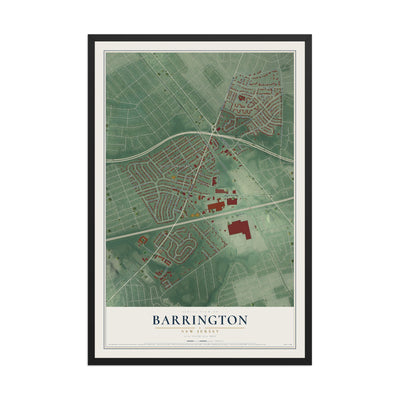 Barrington, New Jersey map print, 12" x 18" W/ Black Ayous Wood Frame mockup