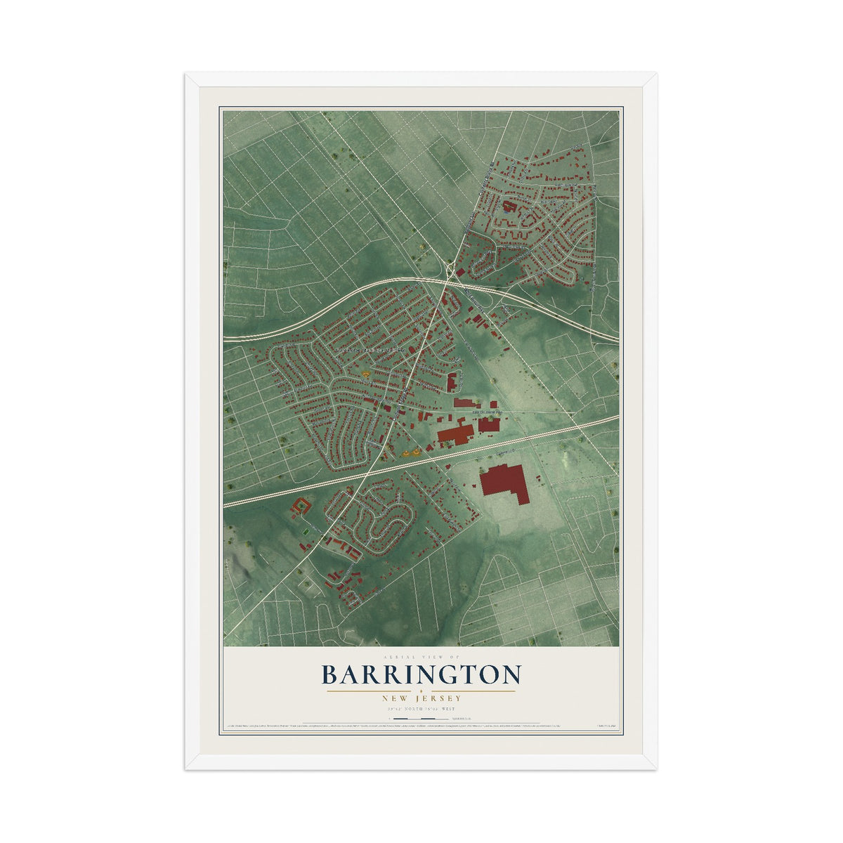Barrington, New Jersey map print, 12" x 18" W/ White Ayous Wood Frame mockup