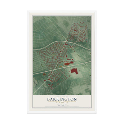 Barrington, New Jersey map print, 12" x 18" W/ White Ayous Wood Frame mockup