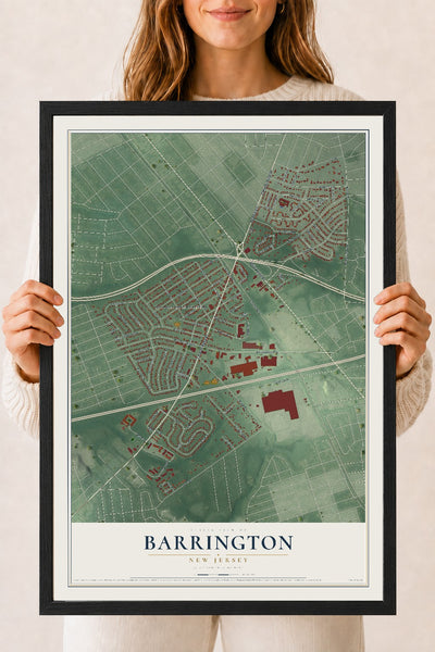 Barrington, New Jersey map print, 18" x 24" W/ Black Ayous Wood Frame mockup
