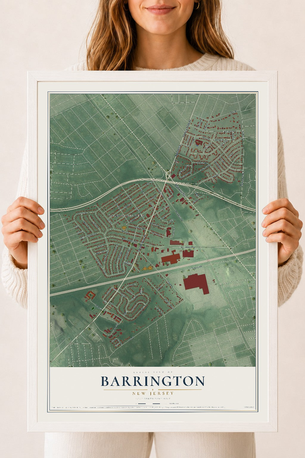 Barrington, New Jersey map print, 18" x 24" W/ White Ayous Wood Frame mockup