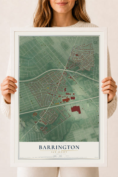 Barrington, New Jersey map print, 18" x 24" W/ White Ayous Wood Frame mockup