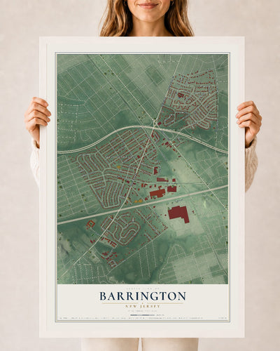 Barrington, New Jersey map print, 24" x 36" W/ White Ayous Wood Frame mockup
