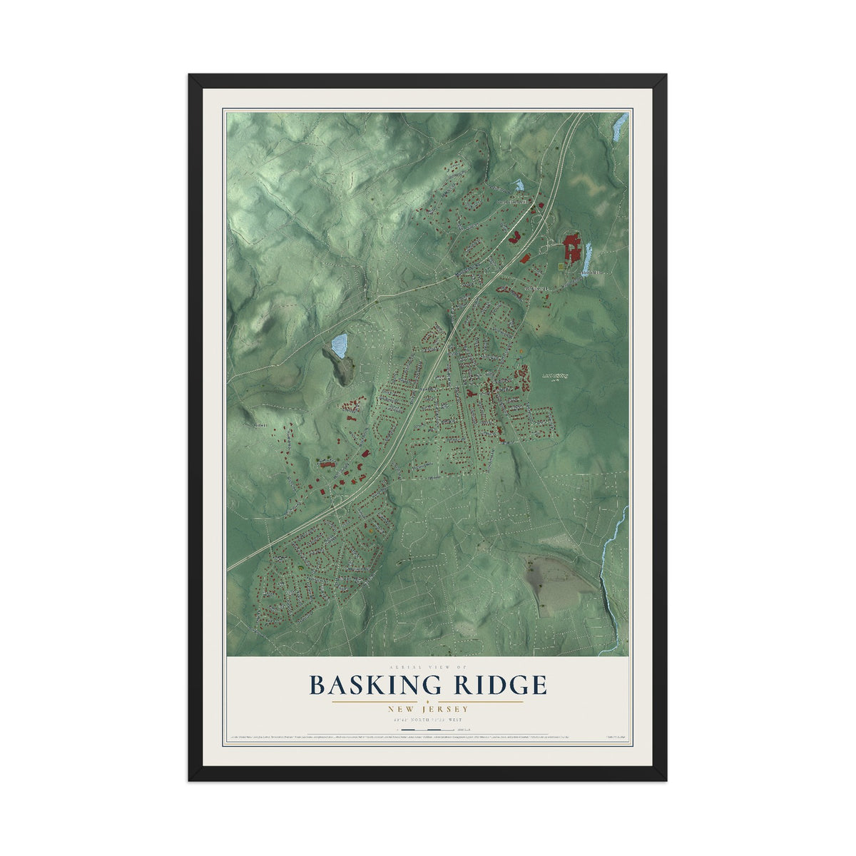 Basking Ridge, New Jersey map print, 12" x 18" W/ Black Ayous Wood Frame mockup