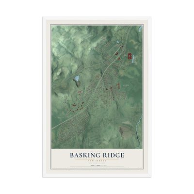Basking Ridge, New Jersey map print, 12" x 18" W/ White Ayous Wood Frame mockup