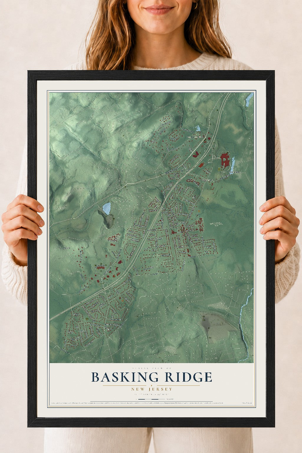 Basking Ridge, New Jersey map print, 18" x 24" W/ Black Ayous Wood Frame mockup