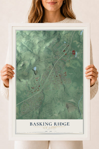 Basking Ridge, New Jersey map print, 18" x 24" W/ White Ayous Wood Frame mockup