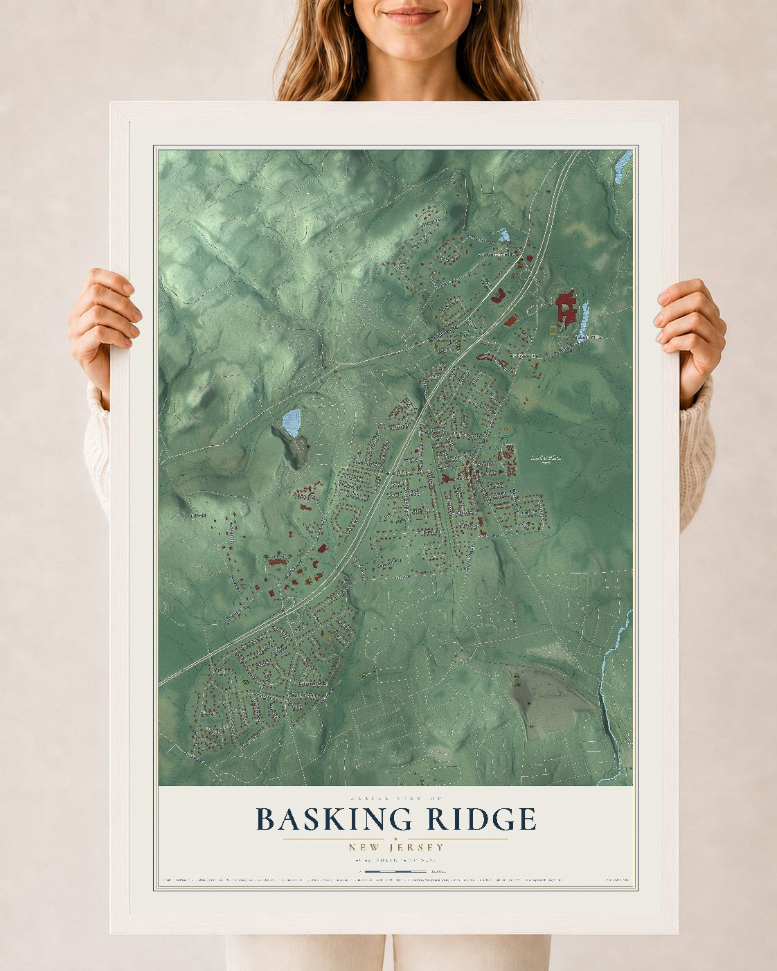 Basking Ridge, New Jersey map print, 24" x 36" W/ White Ayous Wood Frame mockup