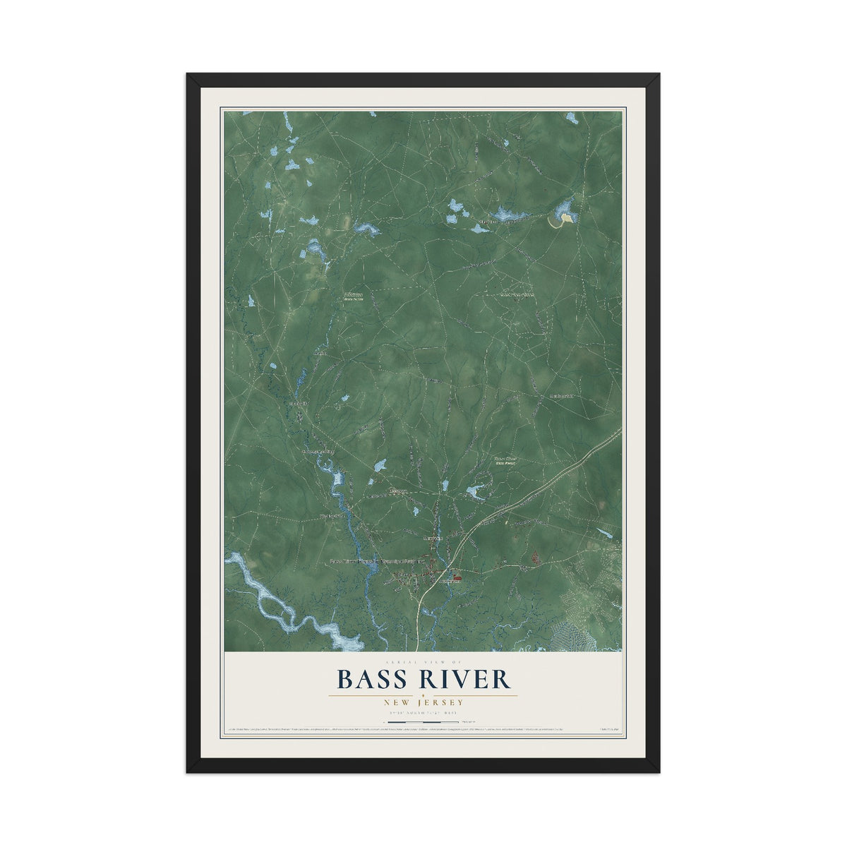 Bass River, New Jersey map print, 12" x 18" W/ Black Ayous Wood Frame mockup