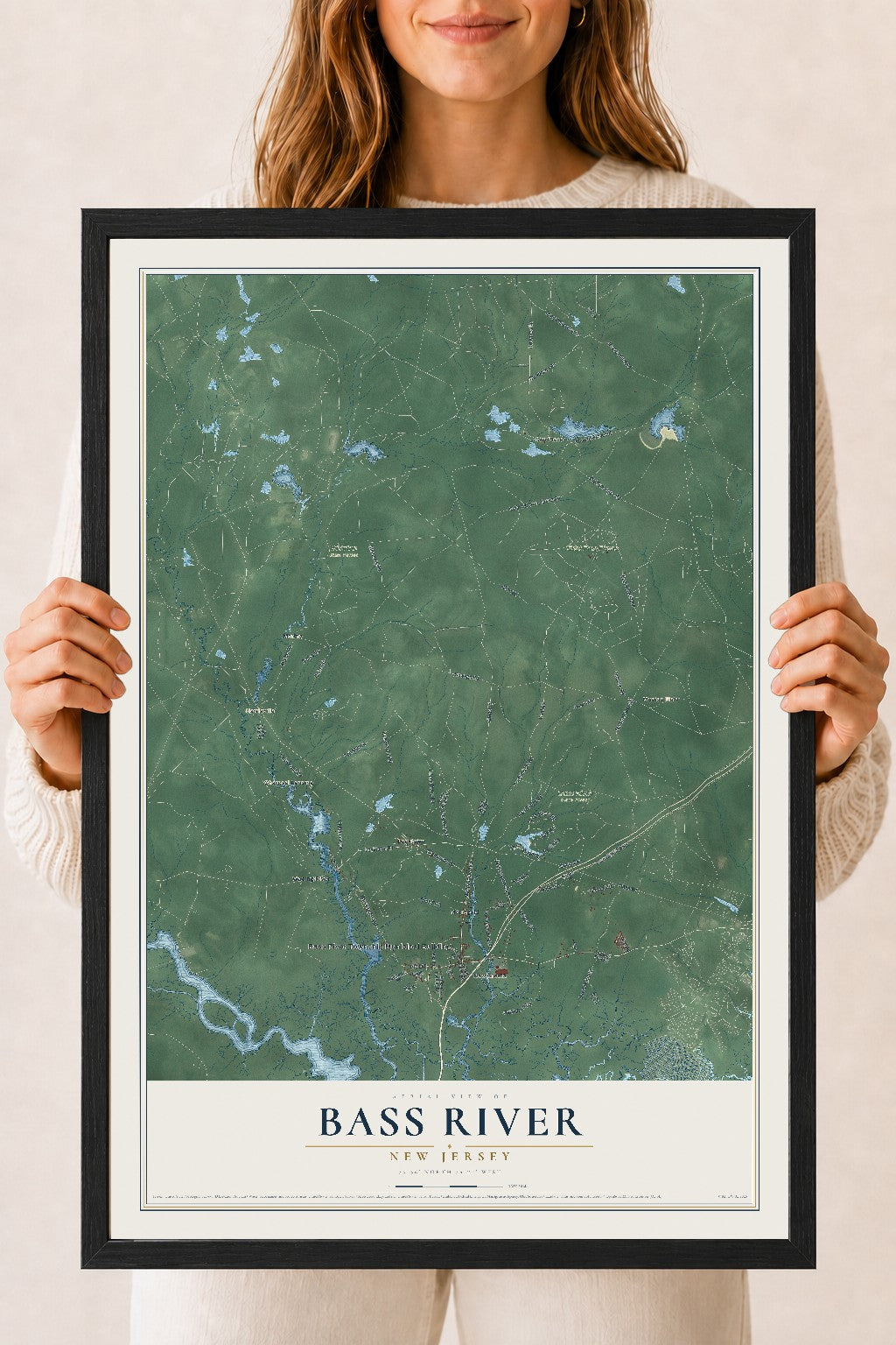 Bass River, New Jersey map print, 18" x 24" W/ Black Ayous Wood Frame mockup