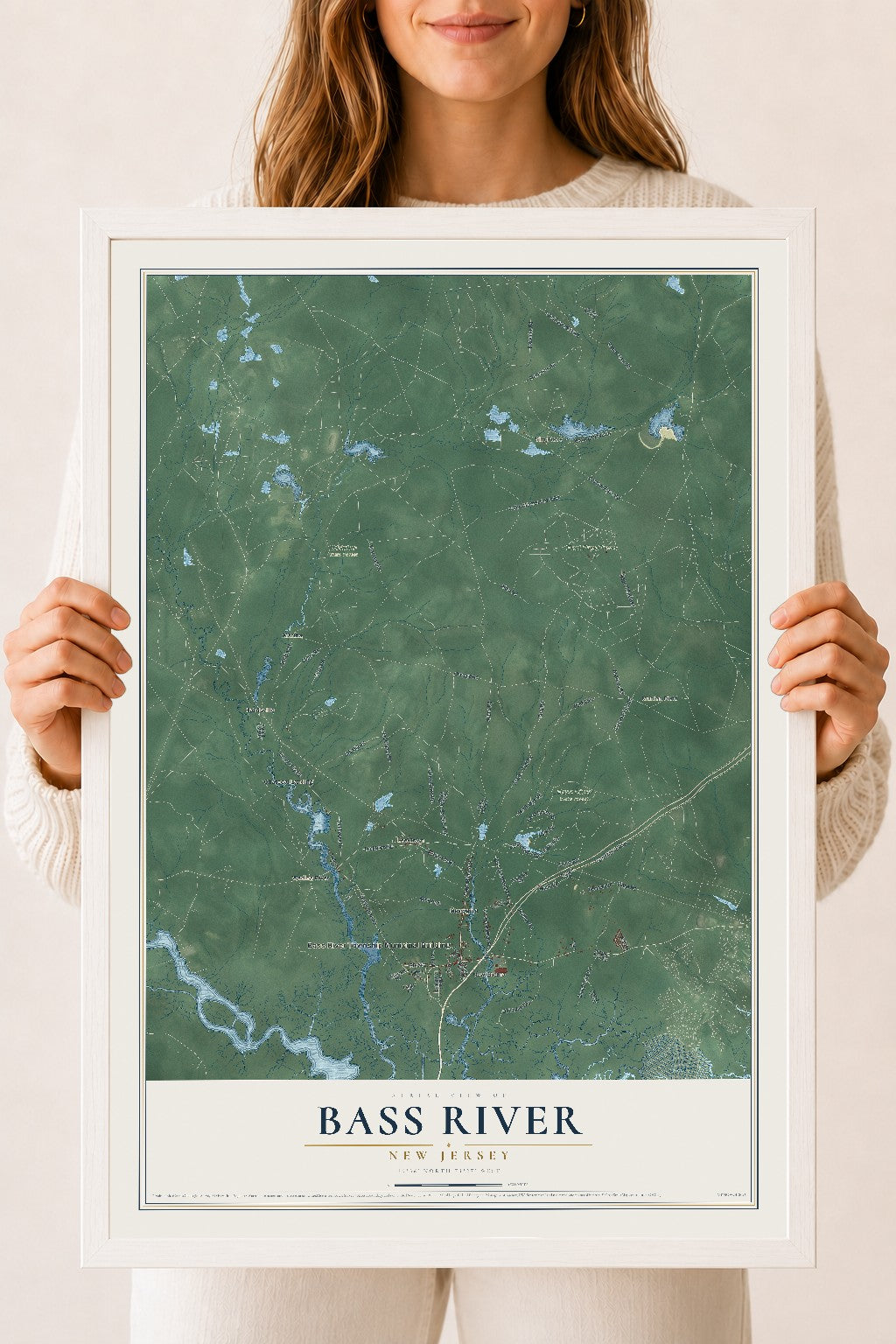 Bass River, New Jersey map print, 18" x 24" W/ White Ayous Wood Frame mockup