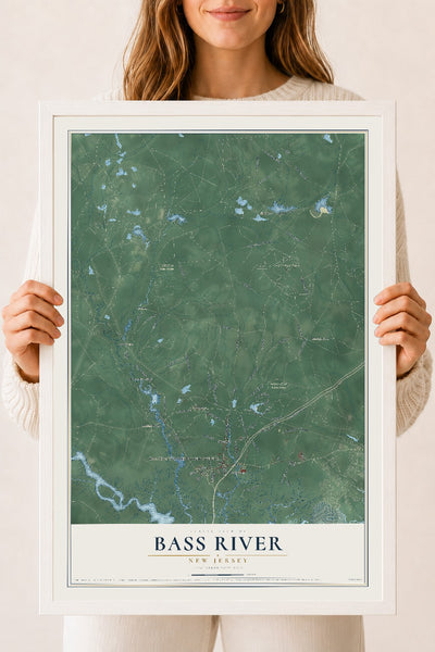 Bass River, New Jersey map print, 18" x 24" W/ White Ayous Wood Frame mockup