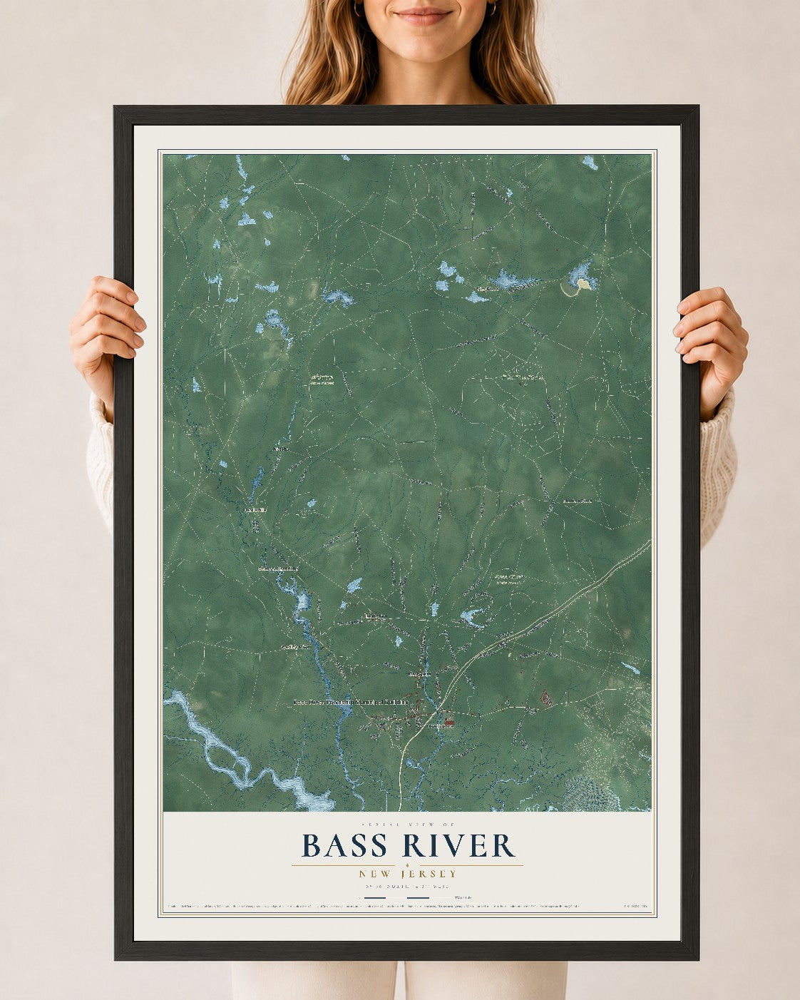 Bass River, New Jersey map print, 24" x 36" W/ Black Ayous Wood Frame mockup