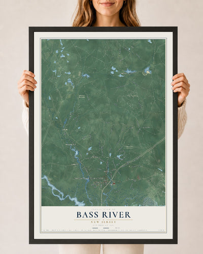 Bass River, New Jersey map print, 24" x 36" W/ Black Ayous Wood Frame mockup