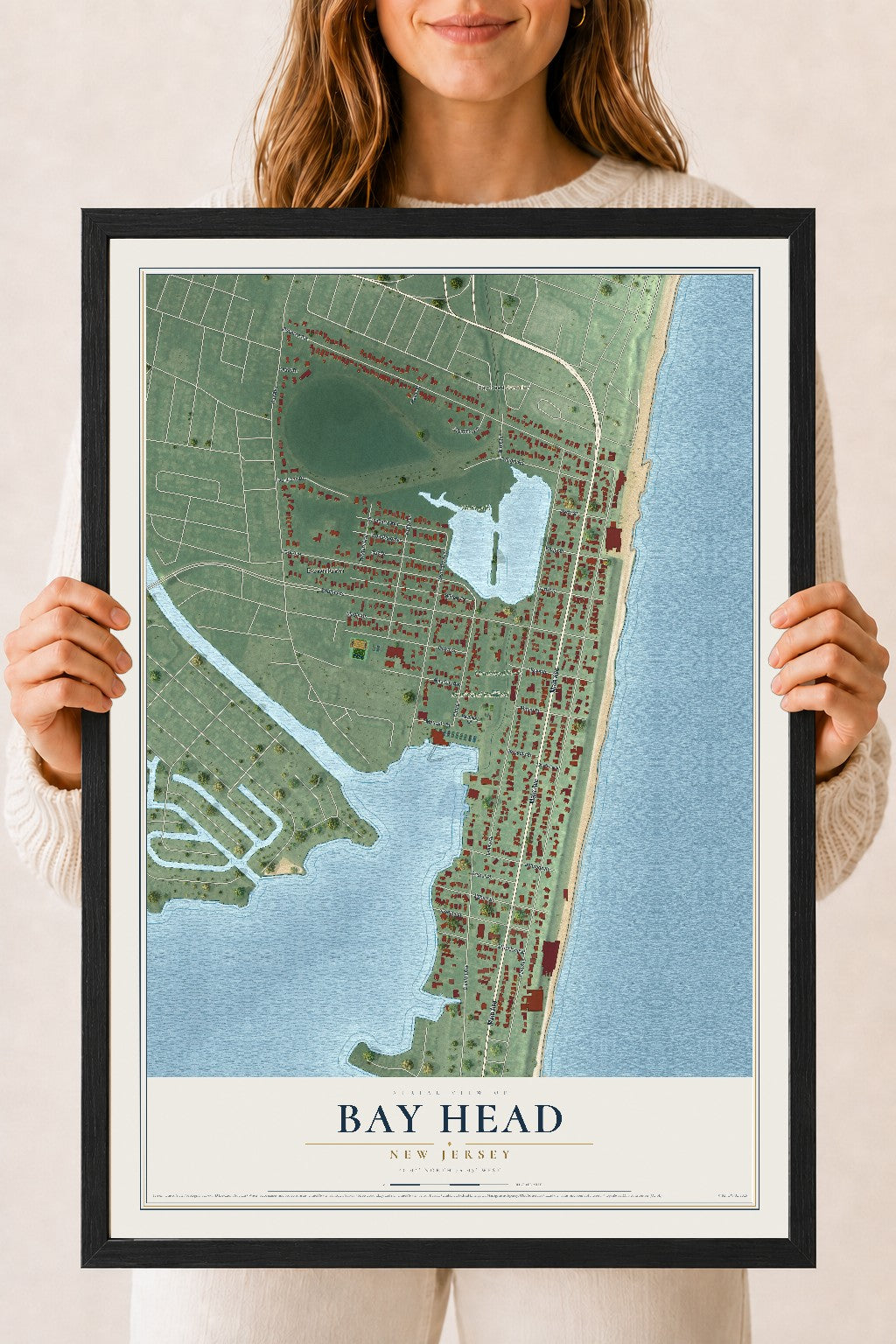 Bay Head, New Jersey map print, 18" x 24" W/ Black Ayous Wood Frame mockup