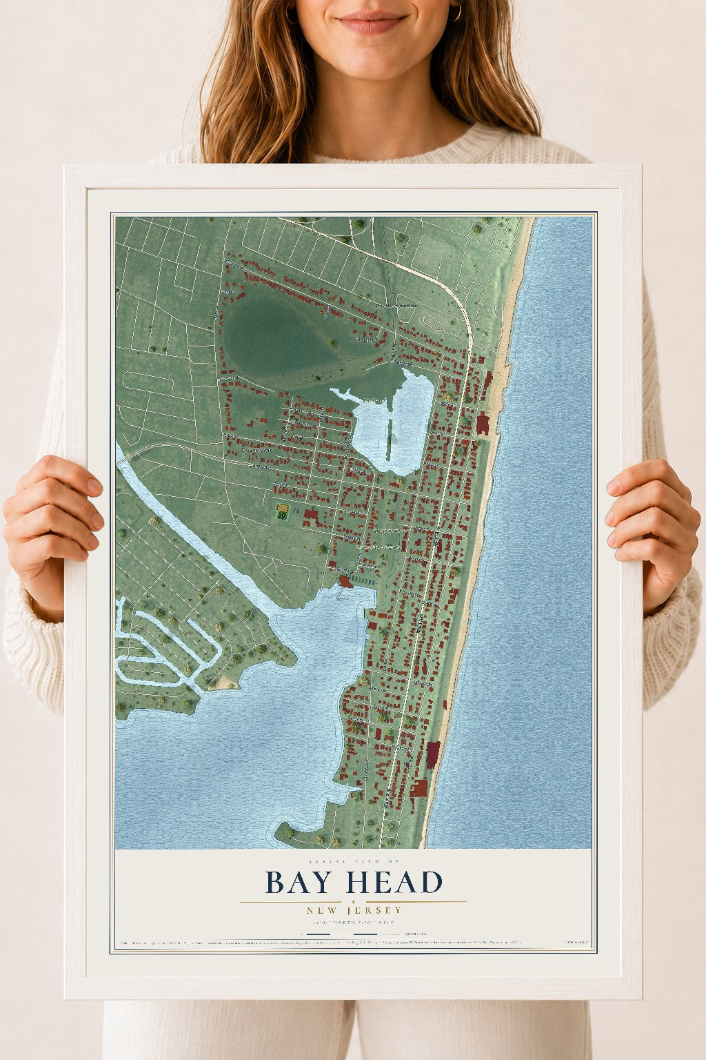 Bay Head, New Jersey map print, 18" x 24" W/ White Ayous Wood Frame mockup