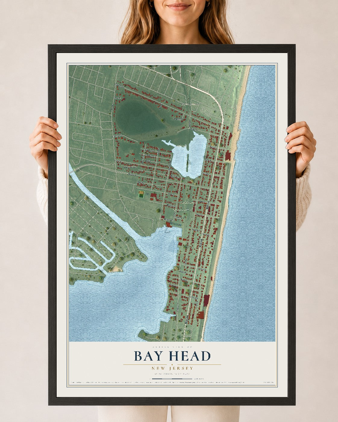 Bay Head, New Jersey map print, 24" x 36" W/ Black Ayous Wood Frame mockup